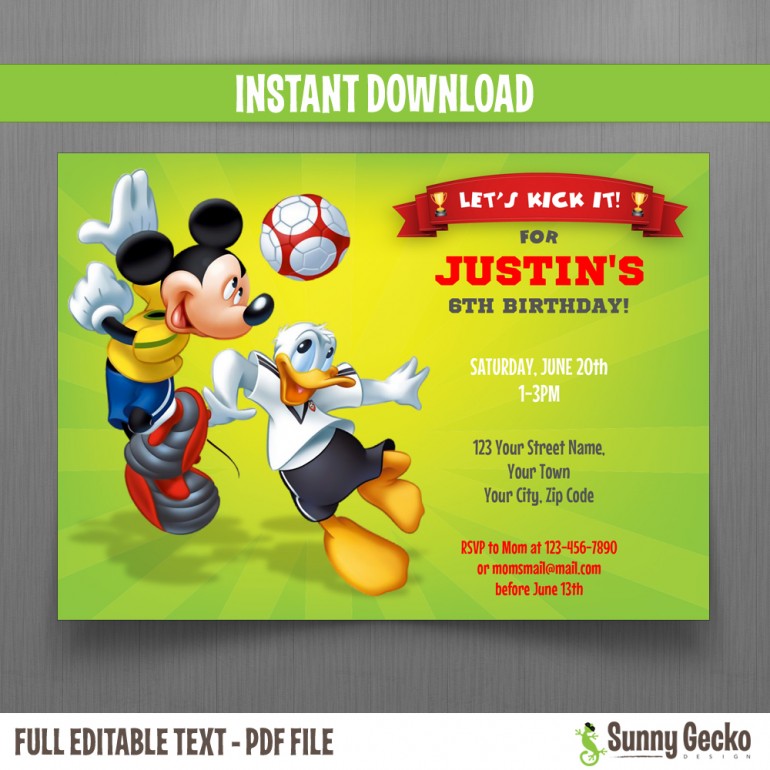 Mickey Mouse and Donald Soccer Party Invitation